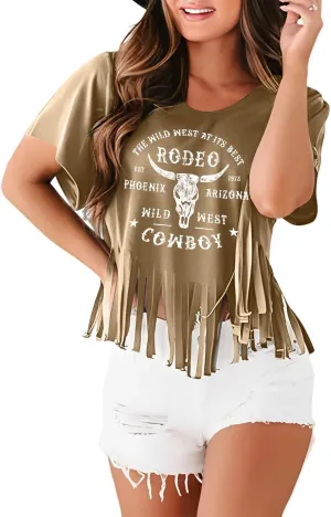 Women Graphic Tees Western Shirts Vintage Cowgirl Fringe Shirt Country Concert Tops Short Sleeve