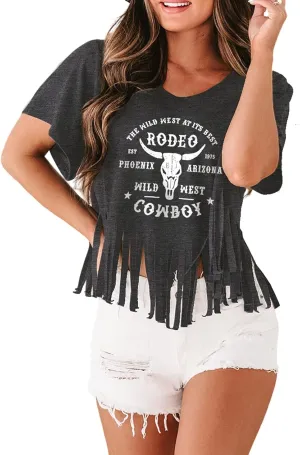 Women Graphic Tees Western Shirts Vintage Cowgirl Fringe Shirt Country Concert Tops Short Sleeve
