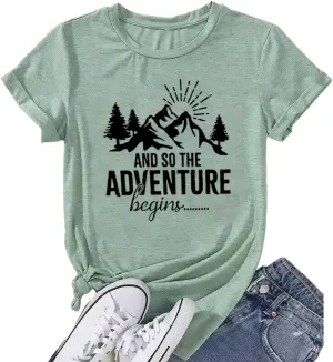 Women Mountain Shirts and So The Adventure Begins Tshirt Sunshine Moon Nature Pine Graphic Tees Heart Let's Go Find It Top