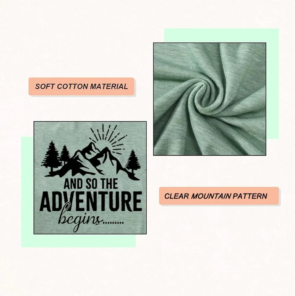 Women Mountain Shirts and So The Adventure Begins Tshirt Sunshine Moon Nature Pine Graphic Tees Heart Let's Go Find It Top