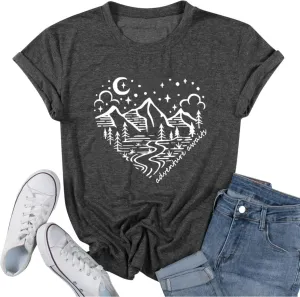 Women Mountain Shirts and So The Adventure Begins Tshirt Sunshine Moon Nature Pine Graphic Tees Heart Let's Go Find It Top