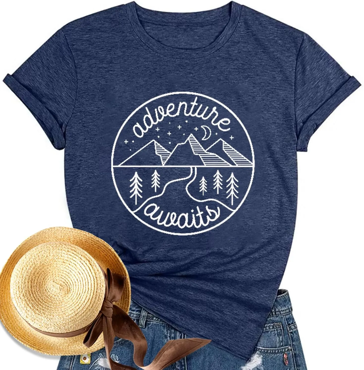 Women Mountain Shirts and So The Adventure Begins Tshirt Sunshine Moon Nature Pine Graphic Tees Heart Let's Go Find It Top