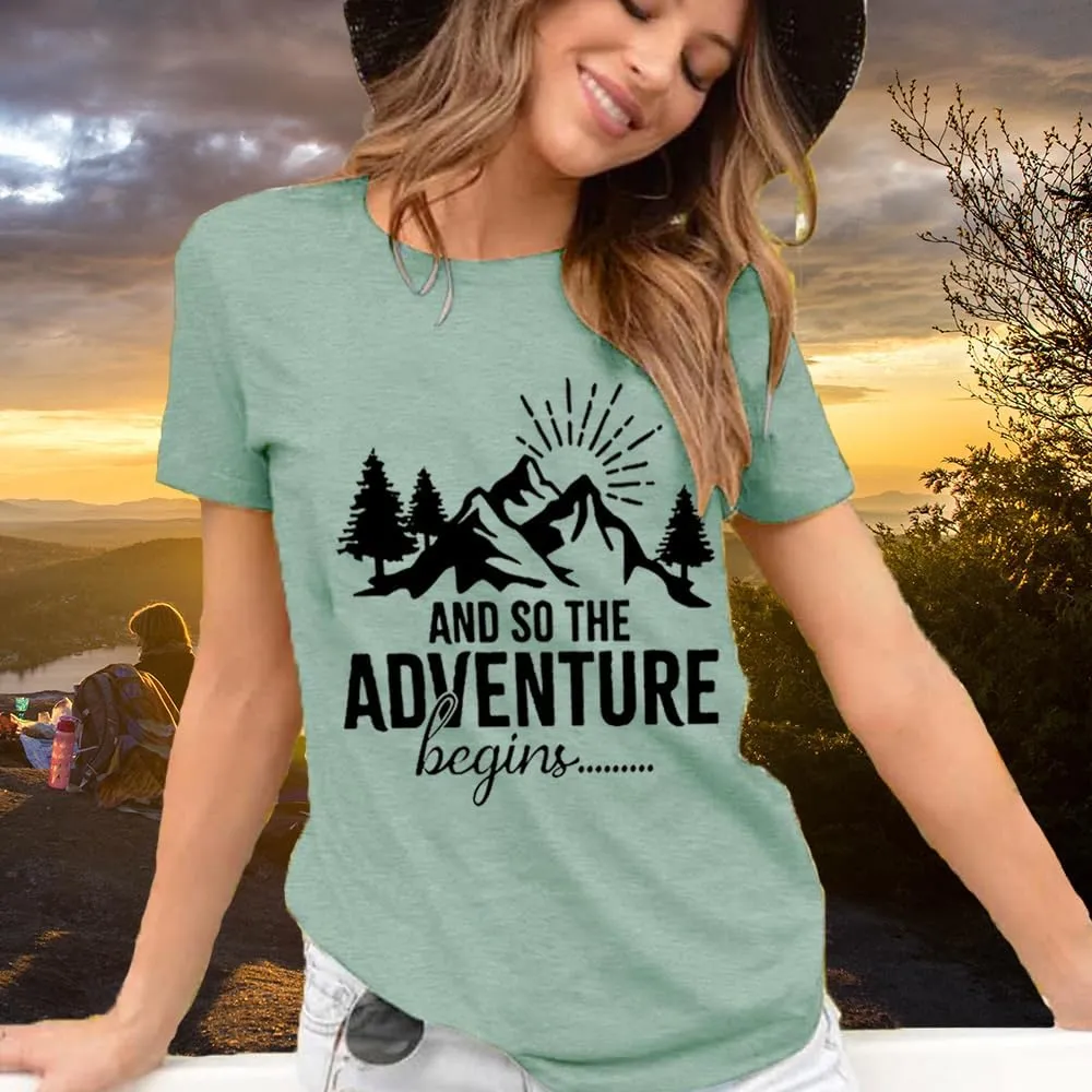 Women Mountain Shirts and So The Adventure Begins Tshirt Sunshine Moon Nature Pine Graphic Tees Heart Let's Go Find It Top
