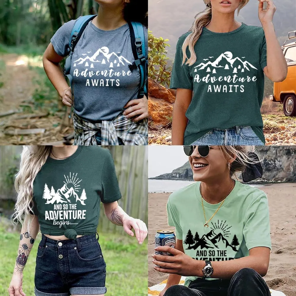 Women Mountain Shirts and So The Adventure Begins Tshirt Sunshine Moon Nature Pine Graphic Tees Heart Let's Go Find It Top