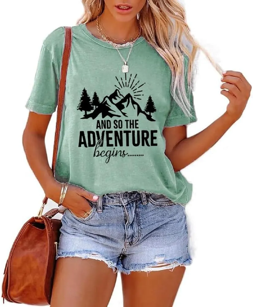 Women Mountain Shirts and So The Adventure Begins Tshirt Sunshine Moon Nature Pine Graphic Tees Heart Let's Go Find It Top