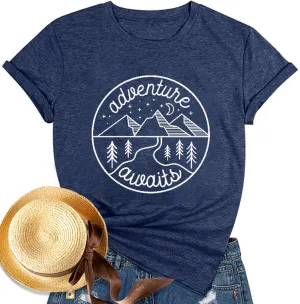 Women Mountain Shirts and So The Adventure Begins Tshirt Sunshine Moon Nature Pine Graphic Tees Heart Let's Go Find It Top