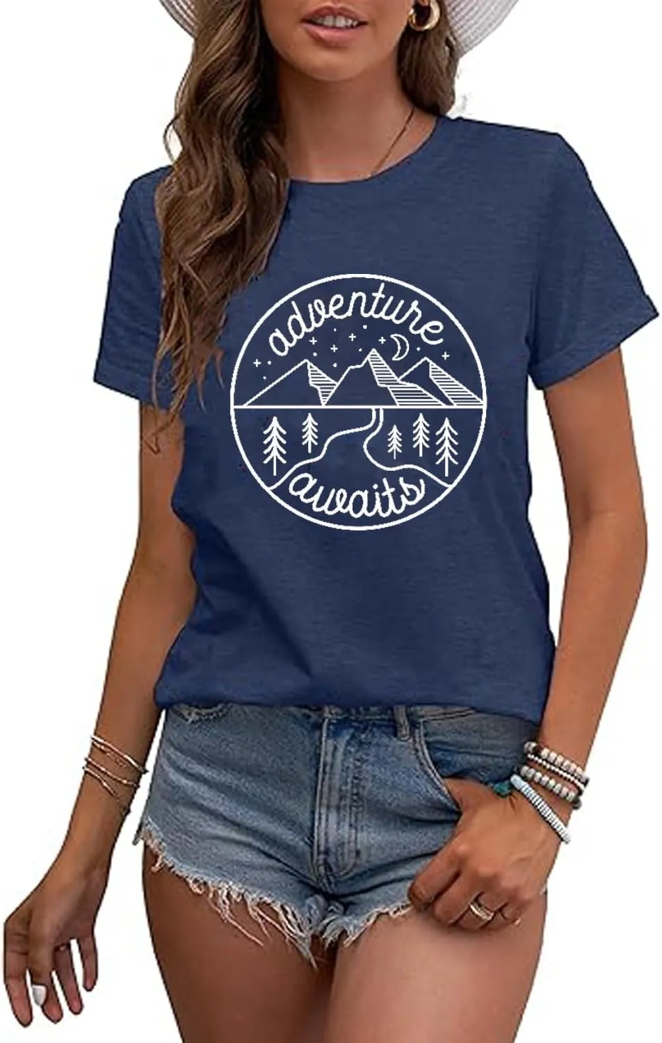 Women Mountain Shirts and So The Adventure Begins Tshirt Sunshine Moon Nature Pine Graphic Tees Heart Let's Go Find It Top