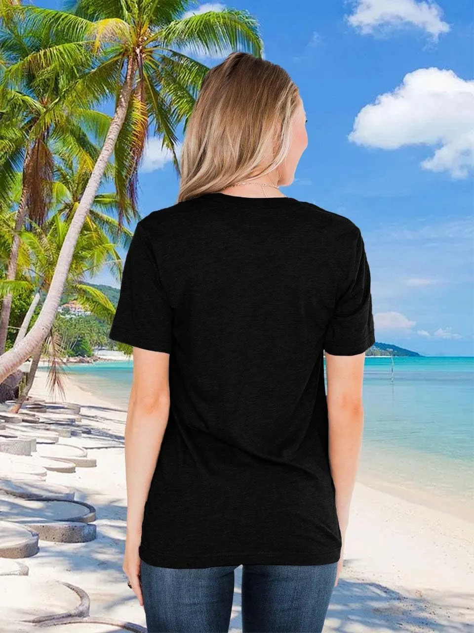 Women Summer Beach Tops Trees Print V Neck Short Sleeve Coconut Tree T Shirt Funny Graphic Tees