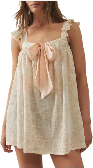 Women Summer Mini Dress Bow Print Ruffle Strap Mini Dress Cute Square Neck Loose A-Line Beach Babydoll Sundress