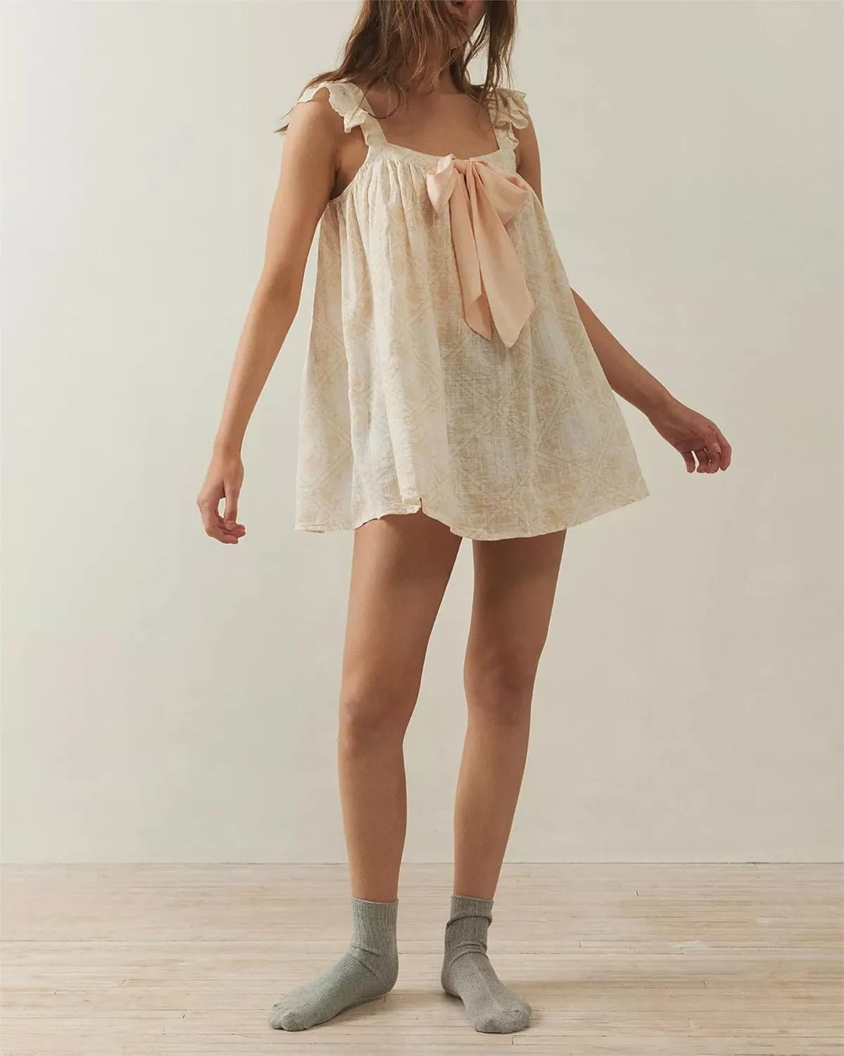Women Summer Mini Dress Bow Print Ruffle Strap Mini Dress Cute Square Neck Loose A-Line Beach Babydoll Sundress
