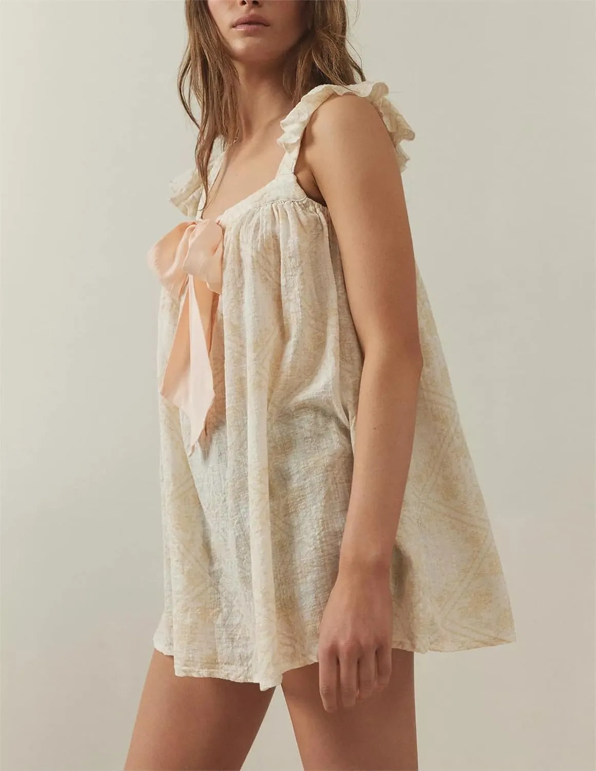 Women Summer Mini Dress Bow Print Ruffle Strap Mini Dress Cute Square Neck Loose A-Line Beach Babydoll Sundress
