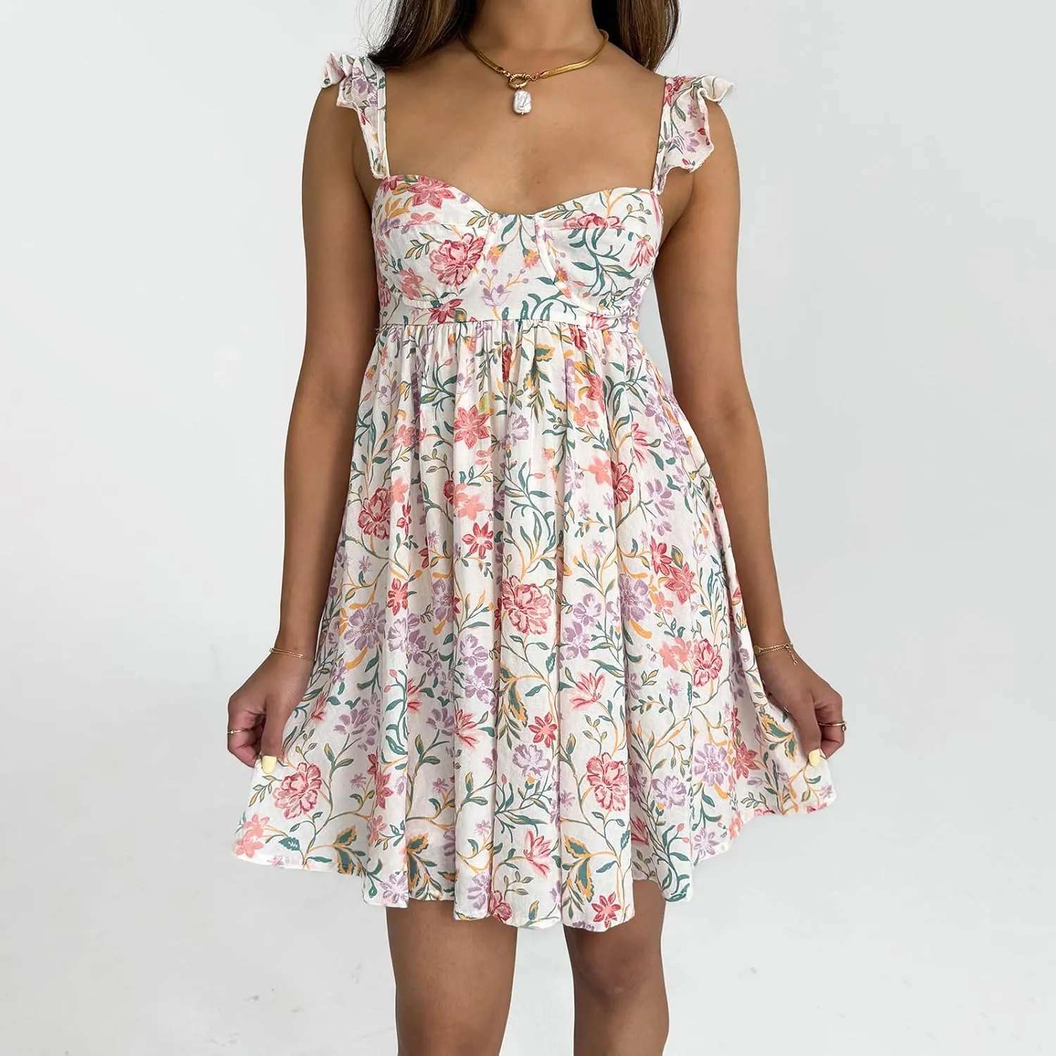 Women Summer Mini Dress Bow Print Ruffle Strap Mini Dress Cute Square Neck Loose A-Line Beach Babydoll Sundress