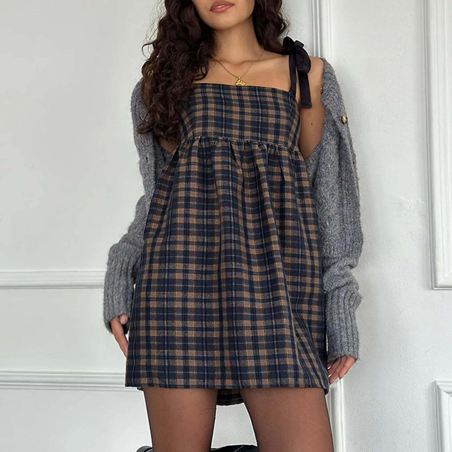 Women Summer Mini Dress Bow Print Ruffle Strap Mini Dress Cute Square Neck Loose A-Line Beach Babydoll Sundress