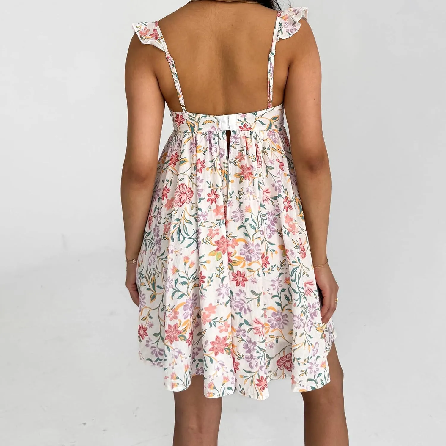 Women Summer Mini Dress Bow Print Ruffle Strap Mini Dress Cute Square Neck Loose A-Line Beach Babydoll Sundress