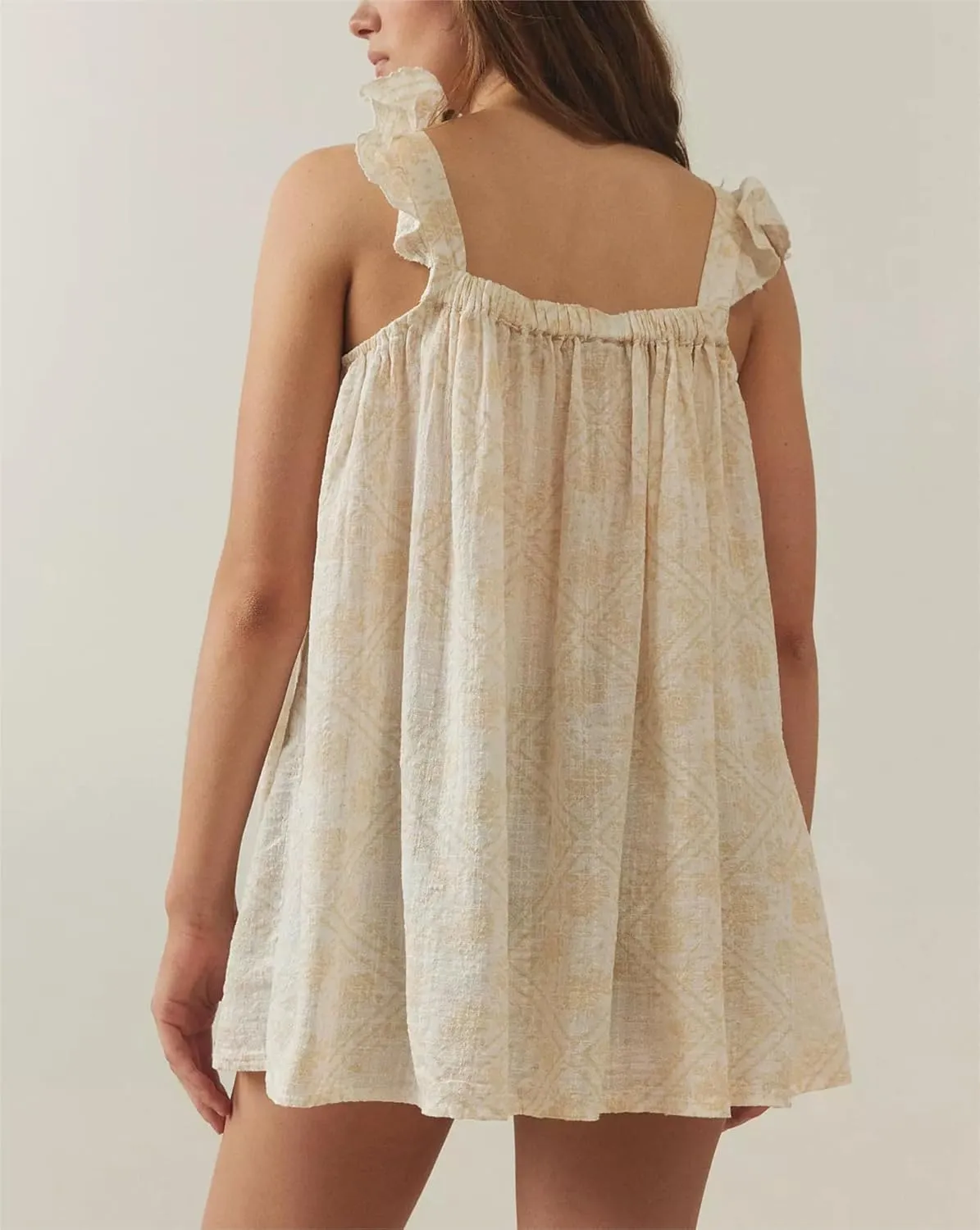 Women Summer Mini Dress Bow Print Ruffle Strap Mini Dress Cute Square Neck Loose A-Line Beach Babydoll Sundress