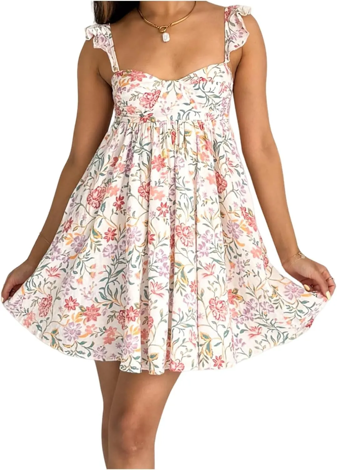 Women Summer Mini Dress Bow Print Ruffle Strap Mini Dress Cute Square Neck Loose A-Line Beach Babydoll Sundress