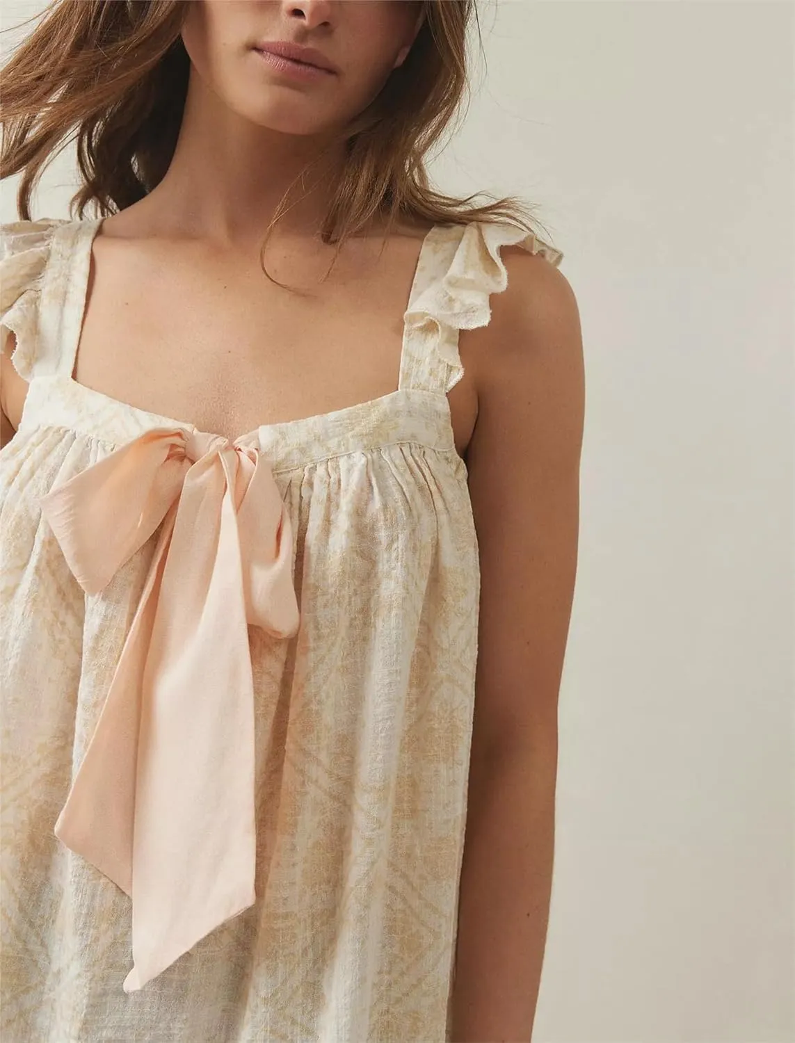 Women Summer Mini Dress Bow Print Ruffle Strap Mini Dress Cute Square Neck Loose A-Line Beach Babydoll Sundress