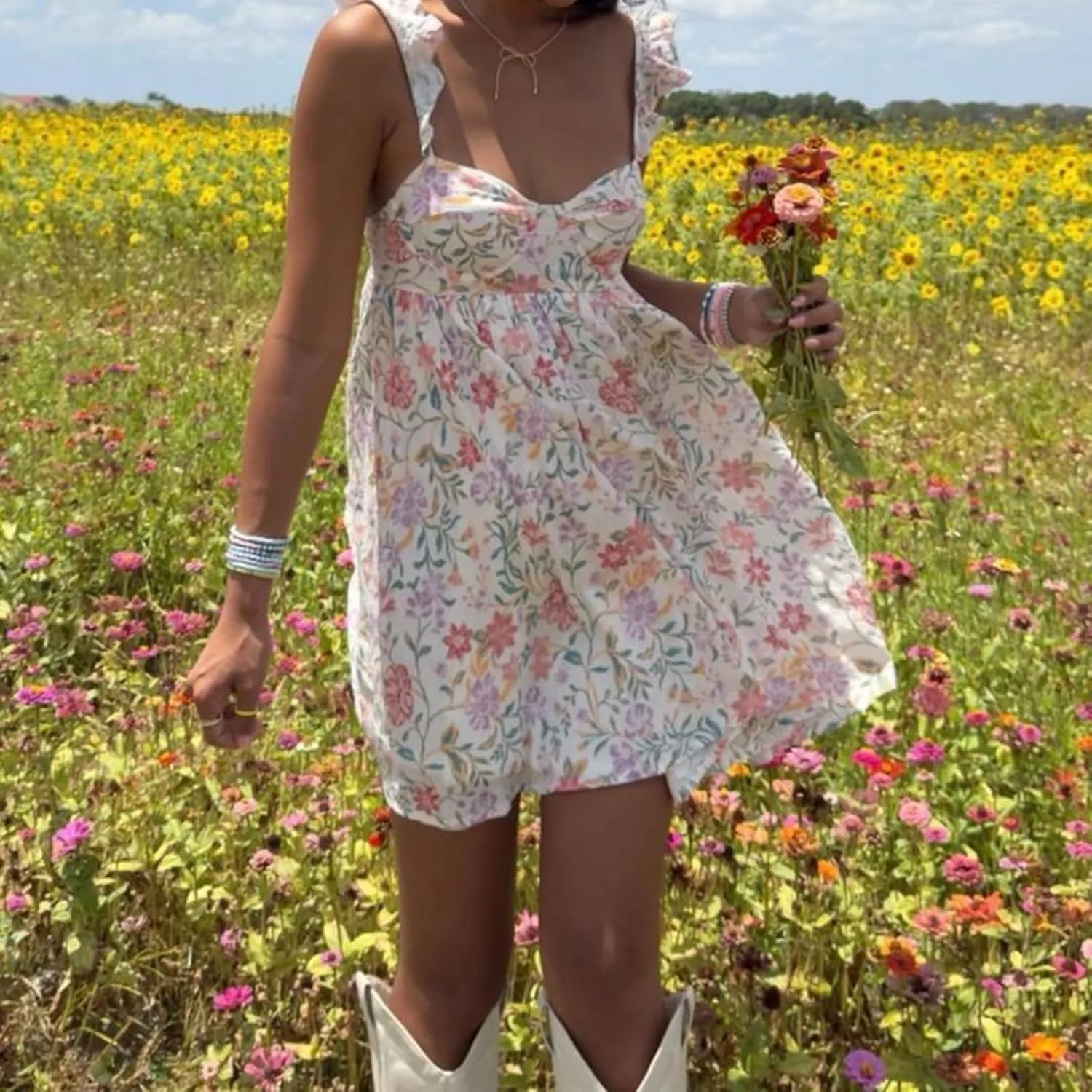 Women Summer Mini Dress Bow Print Ruffle Strap Mini Dress Cute Square Neck Loose A-Line Beach Babydoll Sundress