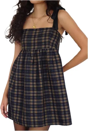 Women Summer Mini Dress Bow Print Ruffle Strap Mini Dress Cute Square Neck Loose A-Line Beach Babydoll Sundress