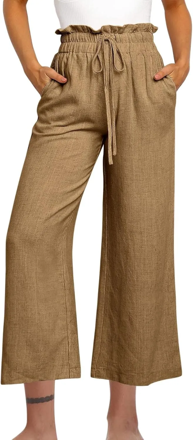 Women Summer Wide Leg Capri Pants Casual Fashion High Waist Solid Cotton Linen Pants Lounge Beach Trousers