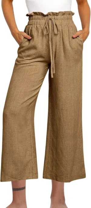 Women Summer Wide Leg Capri Pants Casual Fashion High Waist Solid Cotton Linen Pants Lounge Beach Trousers