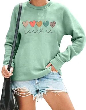 Women Teacher Sweatshirts Heart Graphic Shirt Boho Teacher Sweatshirt Cute Teaching Pullover Tops Inspirational Tees