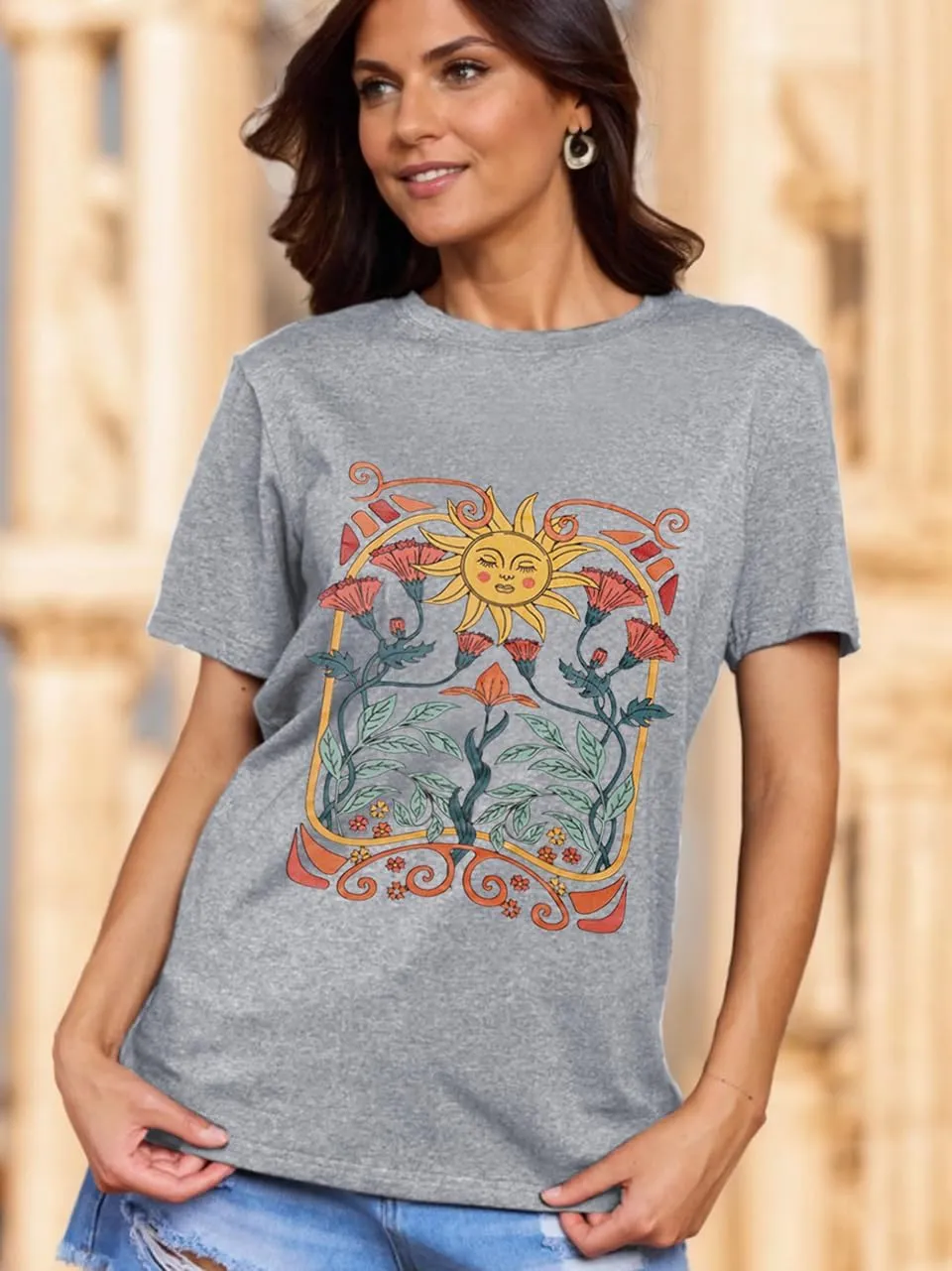 Women Vintage Wildflower T Shirt Funny Sun Mystical Shirts Boho Graphic Tees Short Sleeve Tops