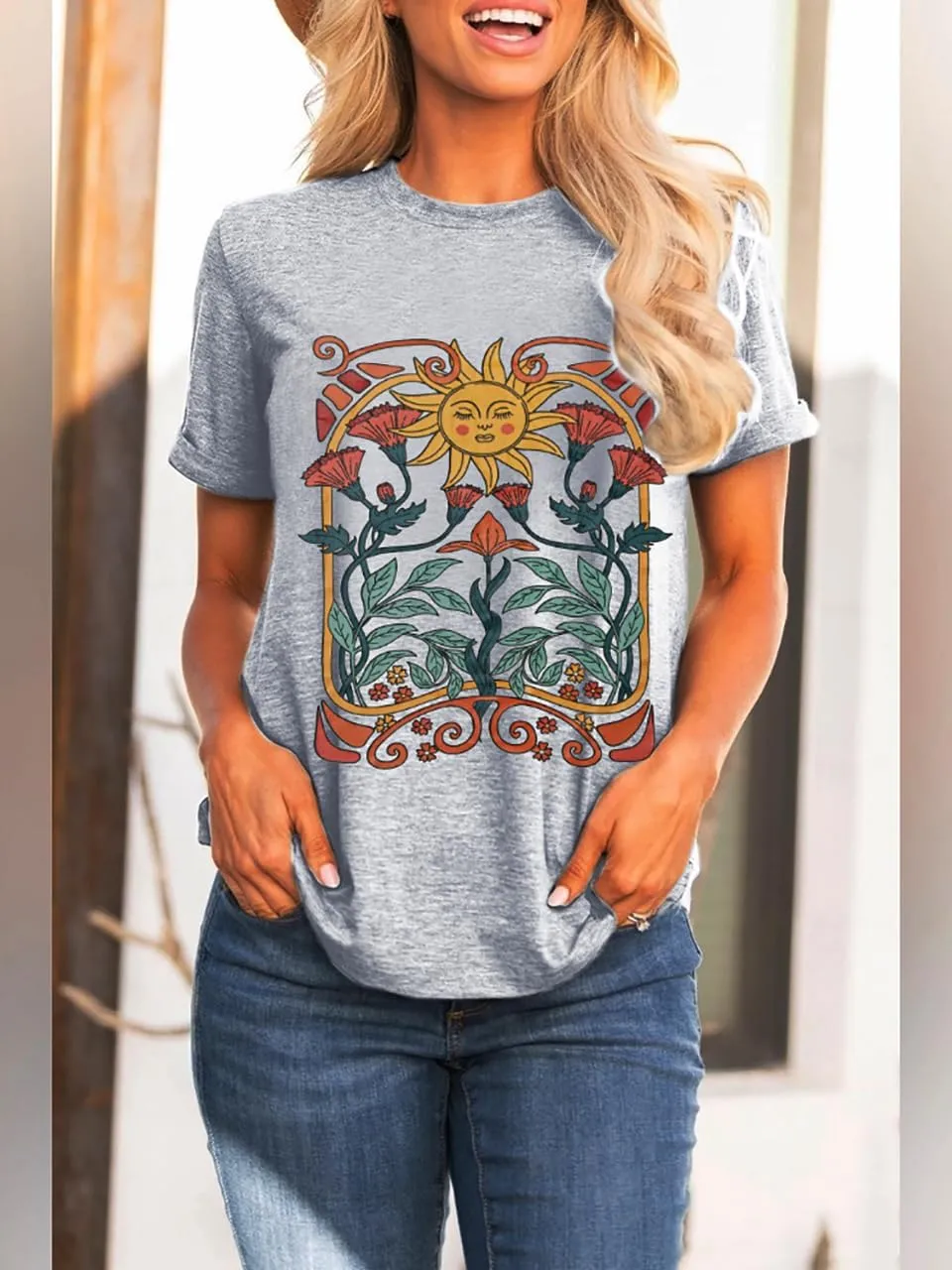 Women Vintage Wildflower T Shirt Funny Sun Mystical Shirts Boho Graphic Tees Short Sleeve Tops