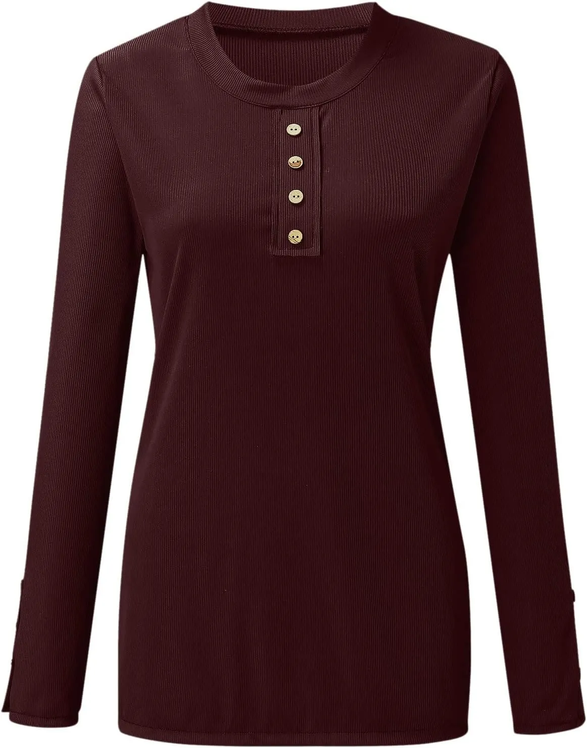 Women's 2023 Fall Long Sleeve Henley T Shirts Button Down Slim Fitted Tops Scoop Neck Ribbed Knit Casual Basic Shirts