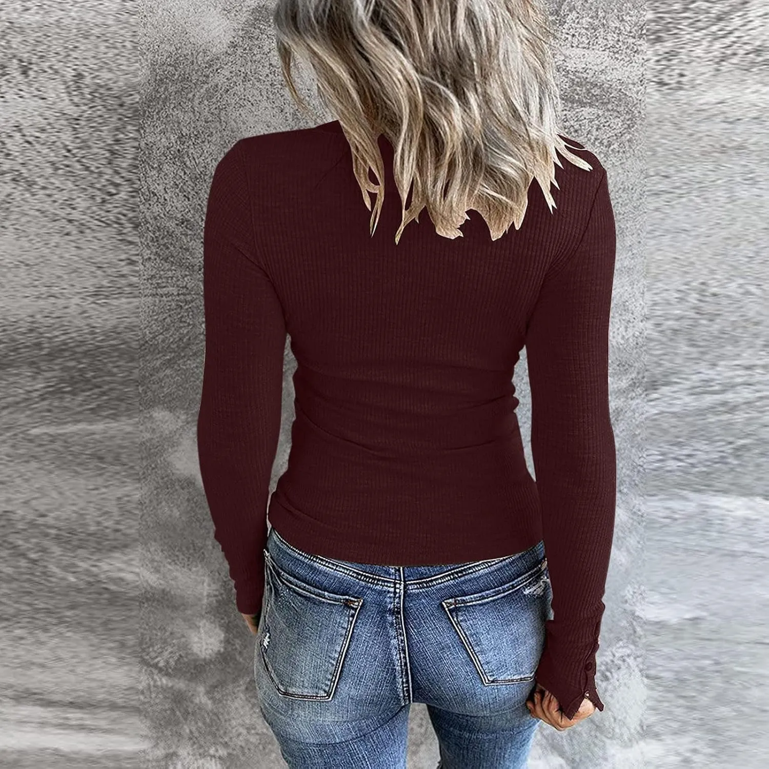 Women's 2023 Fall Long Sleeve Henley T Shirts Button Down Slim Fitted Tops Scoop Neck Ribbed Knit Casual Basic Shirts