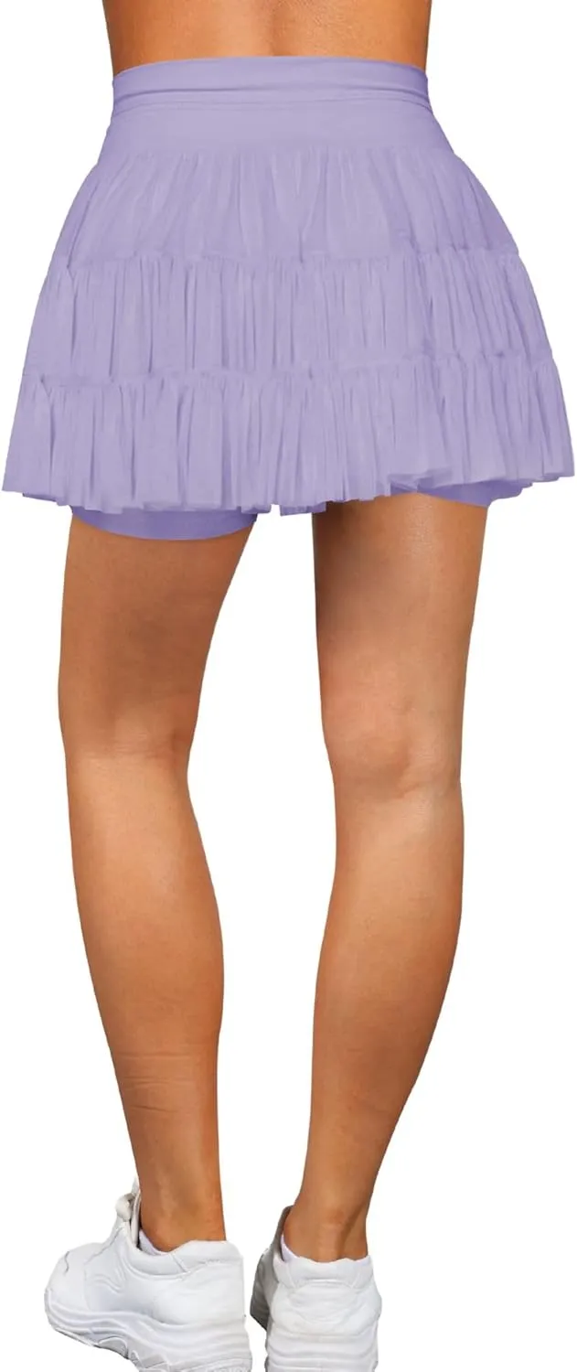 Women's & Girls' Pleated Skort Skirt High Waisted Ruffle Shorts with Pockets 2 in 1 Athletic Skirts