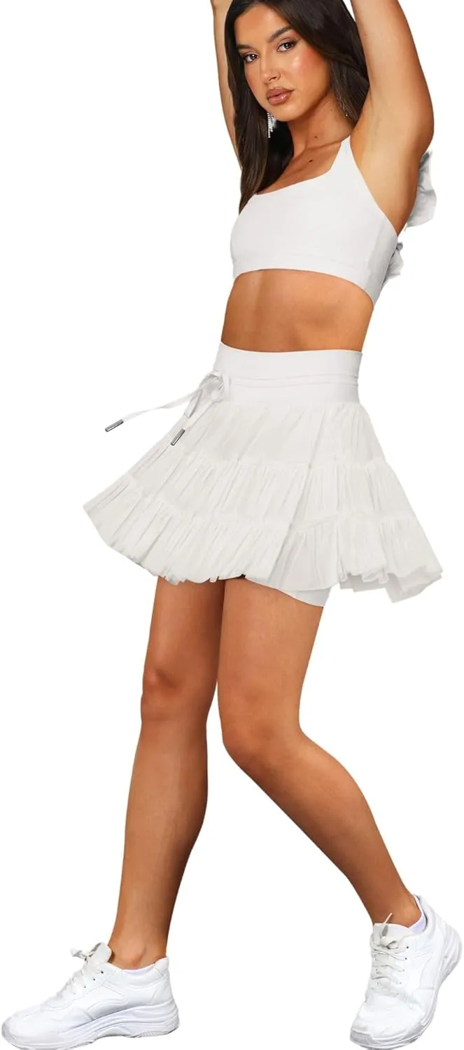 Women's & Girls' Pleated Skort Skirt High Waisted Ruffle Shorts with Pockets 2 in 1 Athletic Skirts