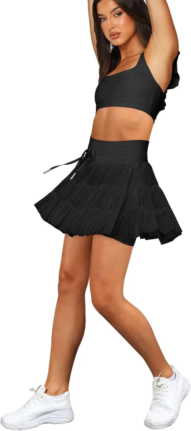 Women's & Girls' Pleated Skort Skirt High Waisted Ruffle Shorts with Pockets 2 in 1 Athletic Skirts