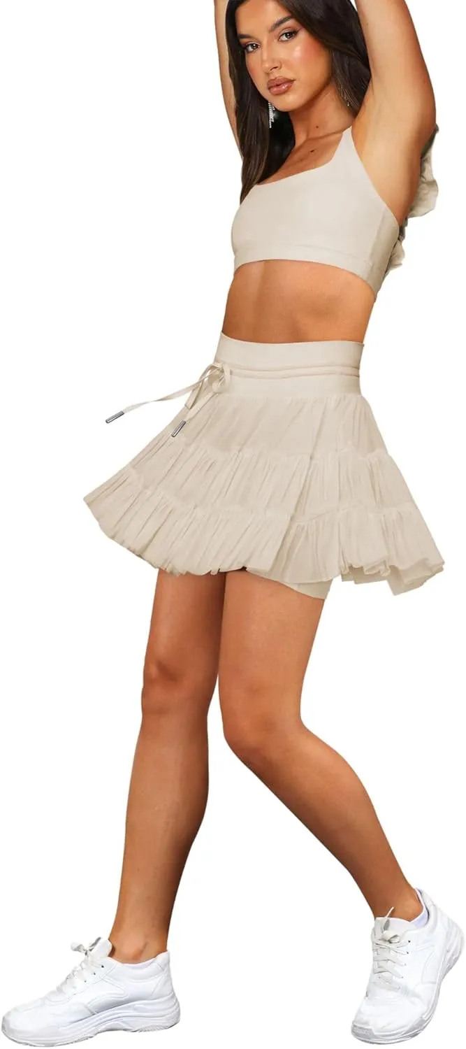 Women's & Girls' Pleated Skort Skirt High Waisted Ruffle Shorts with Pockets 2 in 1 Athletic Skirts