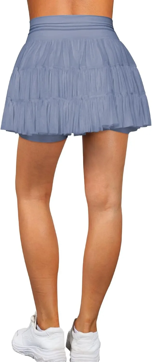 Women's & Girls' Pleated Skort Skirt High Waisted Ruffle Shorts with Pockets 2 in 1 Athletic Skirts