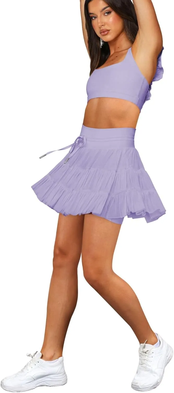 Women's & Girls' Pleated Skort Skirt High Waisted Ruffle Shorts with Pockets 2 in 1 Athletic Skirts