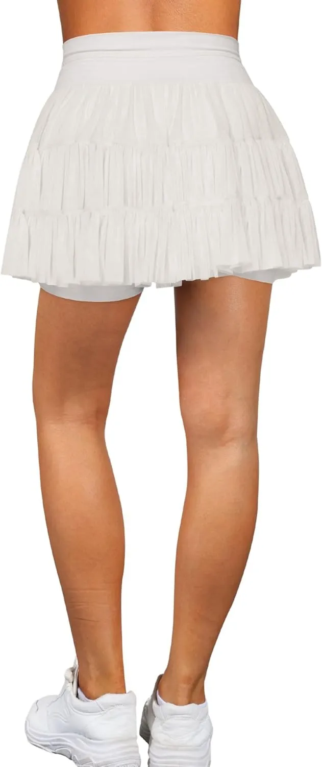 Women's & Girls' Pleated Skort Skirt High Waisted Ruffle Shorts with Pockets 2 in 1 Athletic Skirts