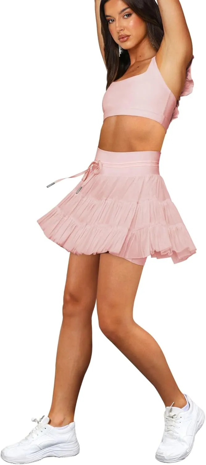 Women's & Girls' Pleated Skort Skirt High Waisted Ruffle Shorts with Pockets 2 in 1 Athletic Skirts