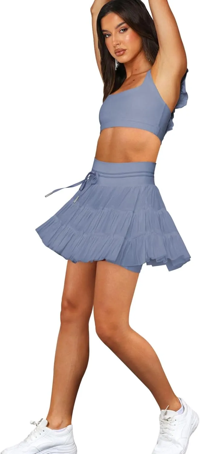 Women's & Girls' Pleated Skort Skirt High Waisted Ruffle Shorts with Pockets 2 in 1 Athletic Skirts