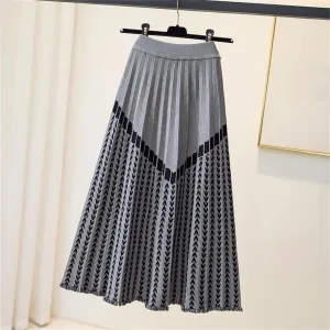 Women's Autumn Winter Midi Knitted A-Line Pleated Skirt with Geometric Print