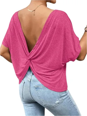 Women's Backless Twist Knot T Shirt Oversized Solid Short Sleeve Tees Open Back Asymmetrical Hem Casual Tops