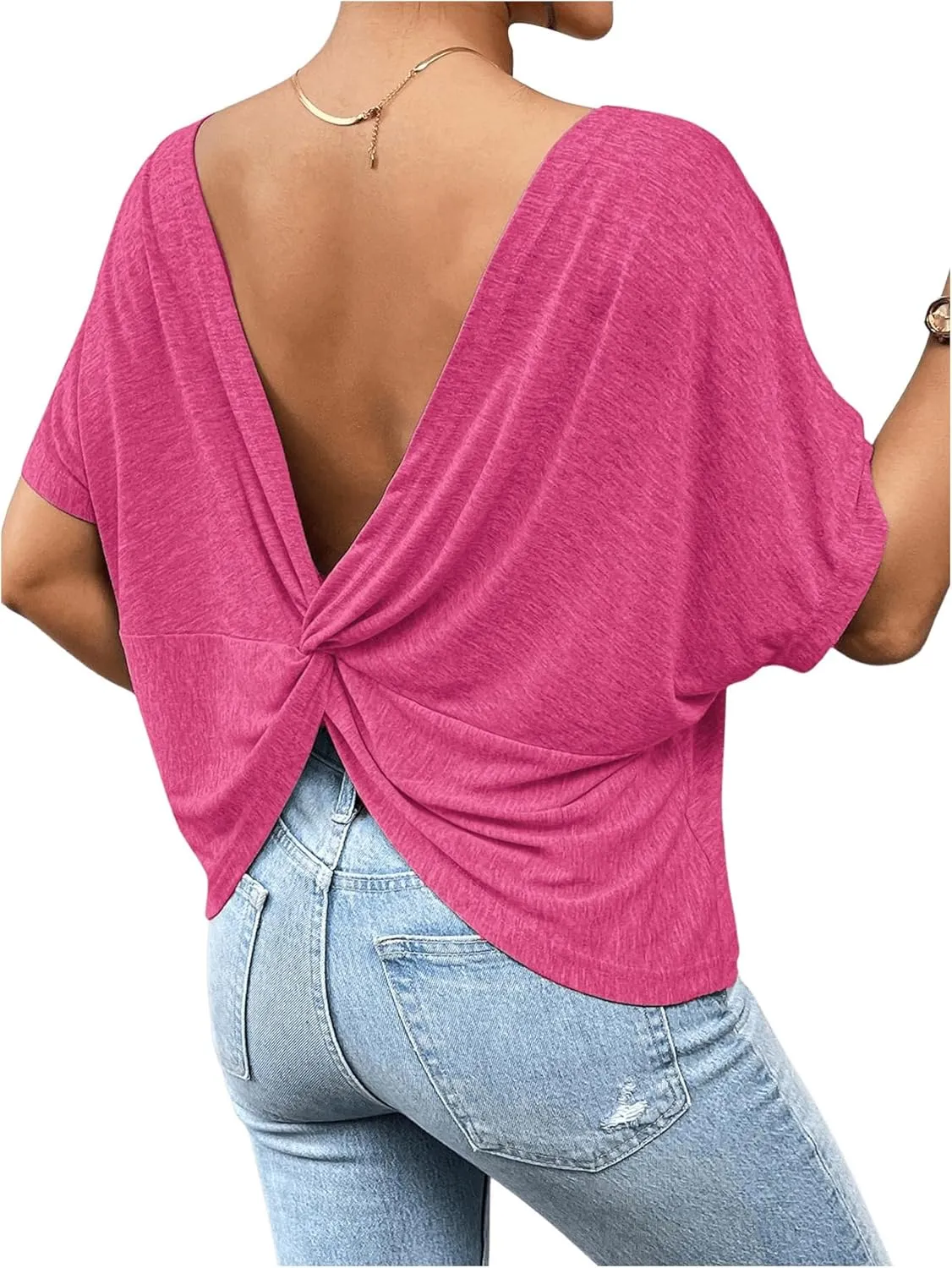 Women's Backless Twist Knot T Shirt Oversized Solid Short Sleeve Tees Open Back Asymmetrical Hem Casual Tops