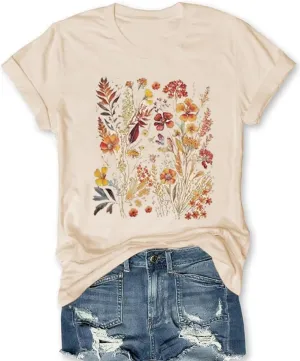 Women's Boho Flower T Shirt Vintage Flowers Printed Shirt Colorful Wildflower Graphic Tee Casual Botanical Short Sleeve