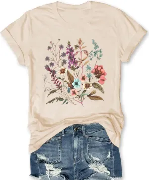Women's Boho Flower T Shirt Vintage Flowers Printed Shirt Colorful Wildflower Graphic Tee Casual Botanical Short Sleeve