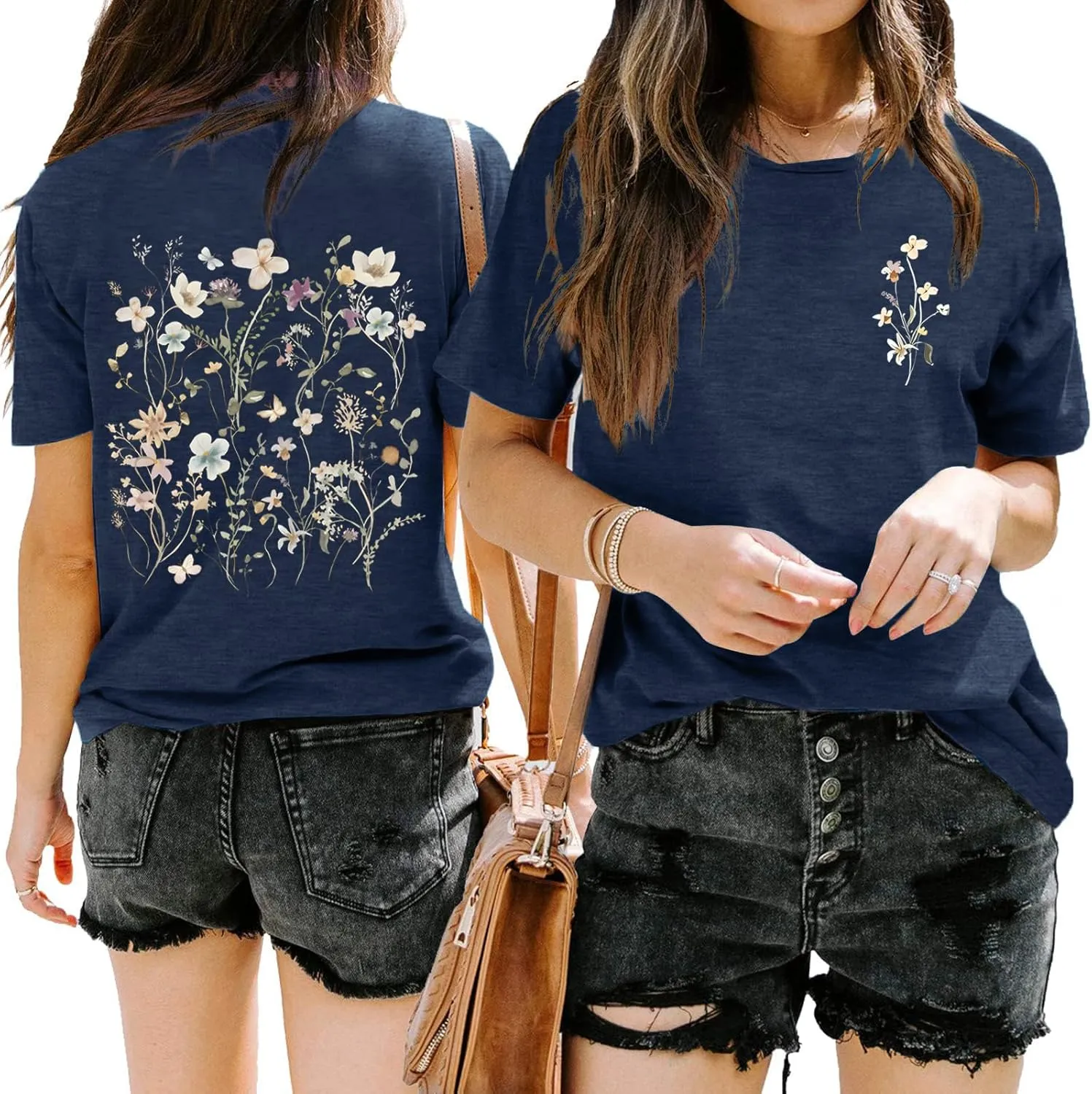 Women's Botanical Flowers Graphic Shirts Boho Wildflowers Tshirts Floral Print Casual Short Sleeve Tees Tops