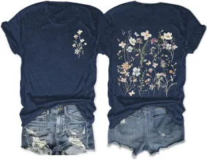 Women's Botanical Flowers Graphic Shirts Boho Wildflowers Tshirts Floral Print Casual Short Sleeve Tees Tops
