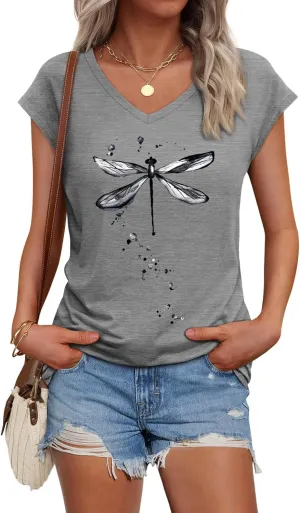 Womens Cap Sleeve Vintage Flowers V Neck Shirt Boho Floral Wildflowers Graphic Tees Funny Cottagecore Tops