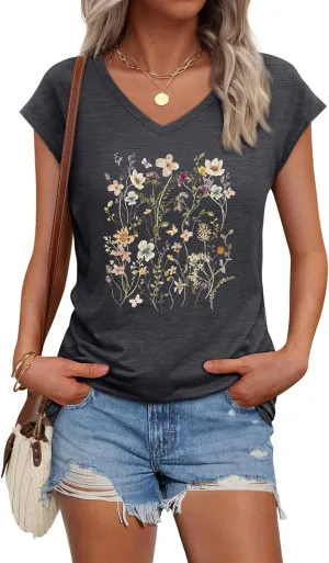 Womens Cap Sleeve Vintage Flowers V Neck Shirt Boho Floral Wildflowers Graphic Tees Funny Cottagecore Tops