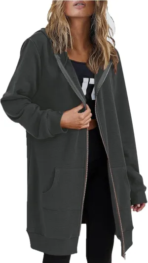 Womens Fall Winter Hoodies Mid Length Zip Up Hooded Long Sleeve Solid Warm Coats Fleece Thick Jackets with Pockets