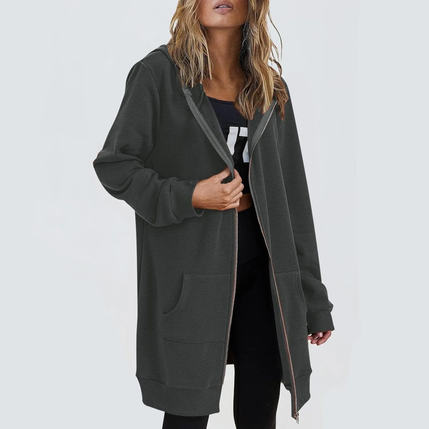 Womens Fall Winter Hoodies Mid Length Zip Up Hooded Long Sleeve Solid Warm Coats Fleece Thick Jackets with Pockets